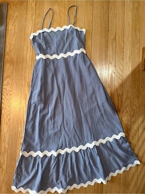 Zesica Blue/periwinkle Midi Sundress with White Ric Rac Trim